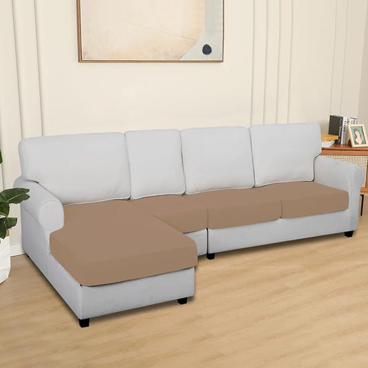 Easy-Going 100% Waterproof 4 Pieces Couch Cushion Covers for Sectional Sofa Left/Right L Shape Chaise Lounge Sofa Seat slipcover Anti-Slip Sofa Cover (3 Seater + 1 Chaise, Camel