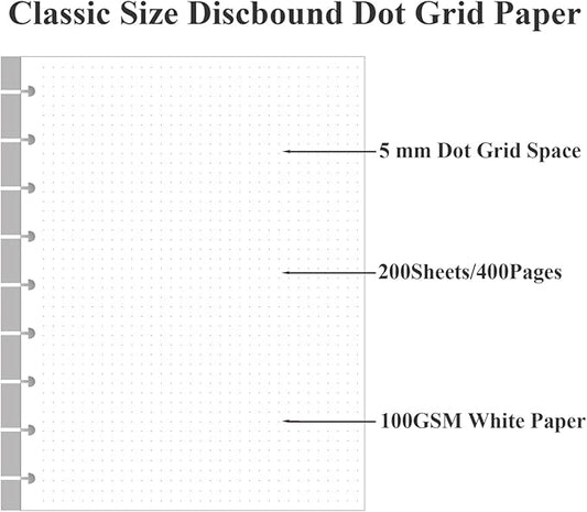 200 Sheets 9-Disc Discbound Dotted Grid Refill Paper, Classic Size Discbound Pre-punched Happy Planners Insert, 100gsm White Paper, 7" x 9.25"