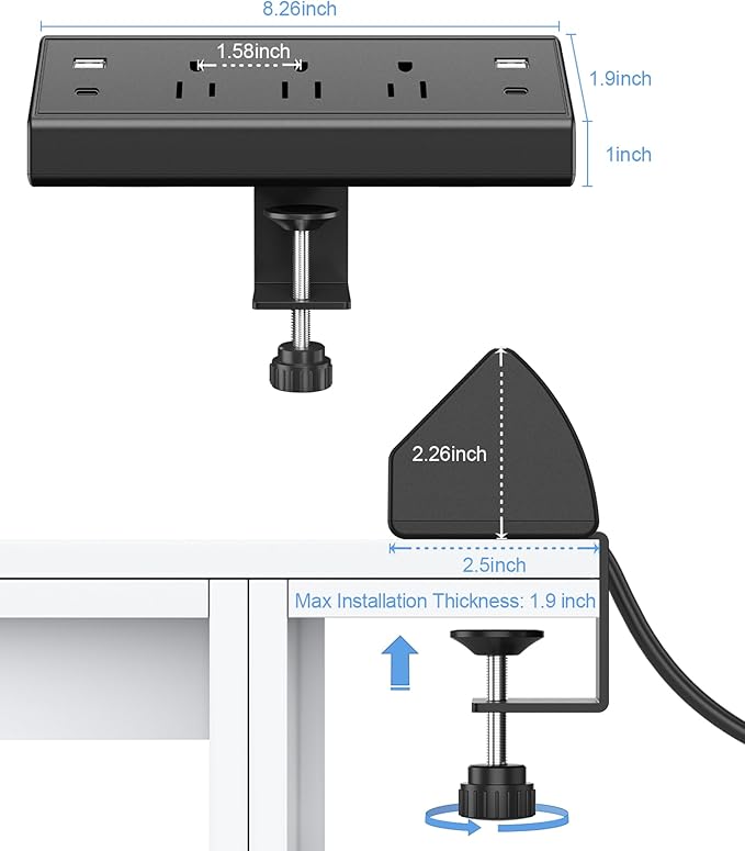 Desk Clamp Power Strip,40W Fast Charging Station,Desktop Mount Surge Protector,2 PD 20W USB C Ports,3 Outlets for Home,Office,Fit 1.9" Tabletop Edge (Black, 3 Outlets & 4 USB Ports & 20 FT Cable)
