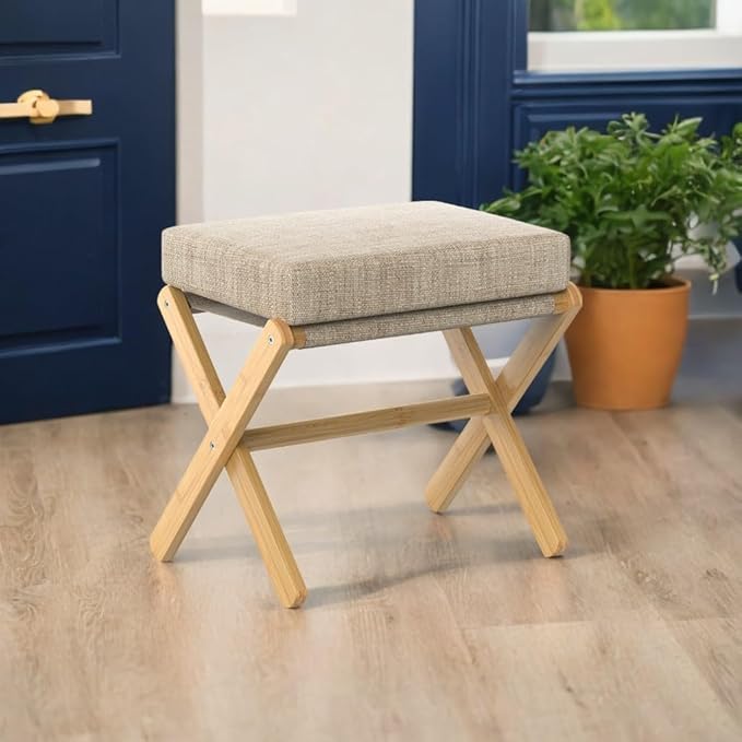 Foldable Foot Stool Ottoman, Modern Foot Rest with Bamboo X Legs & Thick Foam Cushion, Folding Foot Stools Small Padded for Bedroom Living Room, Makeup Vanity Stool Chair (Natural - Brown)