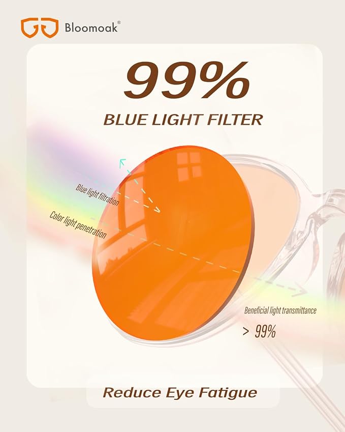 Bloomoak 99% Orange Blue Light Blocking Glasses,Retro Trendy Round Style,Relieve Eye Fatigue,Improve Sleep For Screens/Games