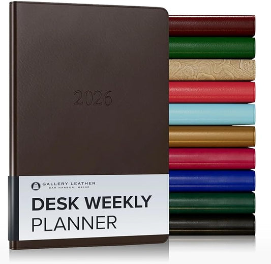 Gallery Leather Desk Weekly Monthly Planner 2025-2026, Elegantly Bound Calendar Planner and Notebook with Stylish Gold-Gilded Page Edges, 12 Months - Freeport Mocha - 8 x 5.5 "