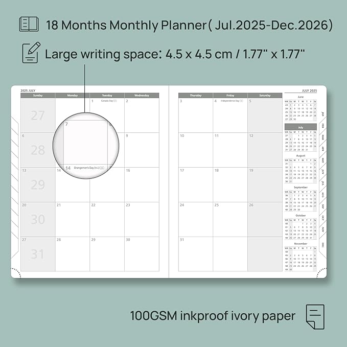 POPRUN Monthly Planner 2025-2026 (Large- 8.5" x 10.5" Soft Cover), 18-Month Calendar Book (Jul.2025-Dec.2026), Calendar Planner with Monthly Tabs & Pocket, 100 GSM Paper - Blue Green