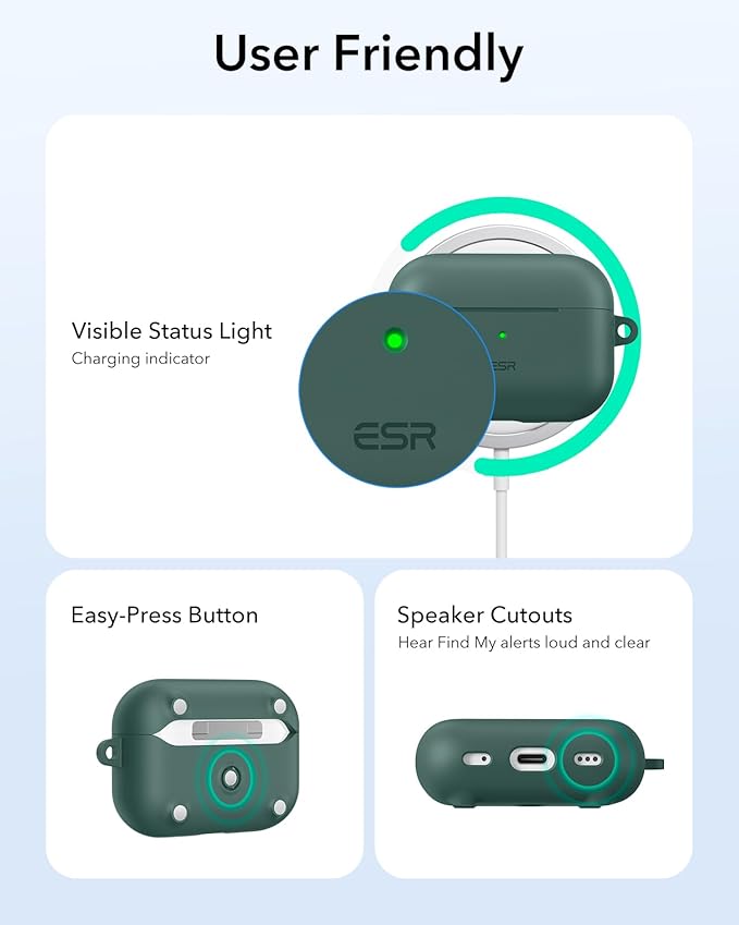 ESR for AirPods Pro 2 Case, Compatible with Airpods Pro 2nd Generation Case (2023/2022/2019), Compatible with MagSafe, Magnetic Lid Lock, Full Drop Protection, Green