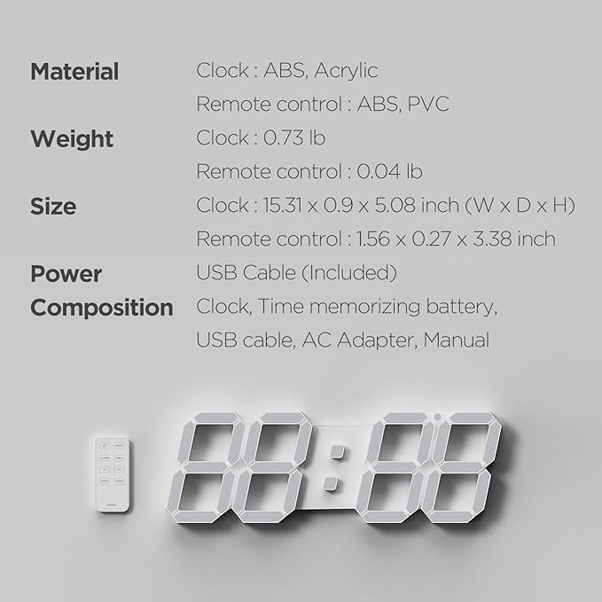 mooas 3D LED Clock, Multi-Function LED Clock (Calendar, Alarm, Temperature) (15.3" Big Plus White Wall Clock with Remote Control)