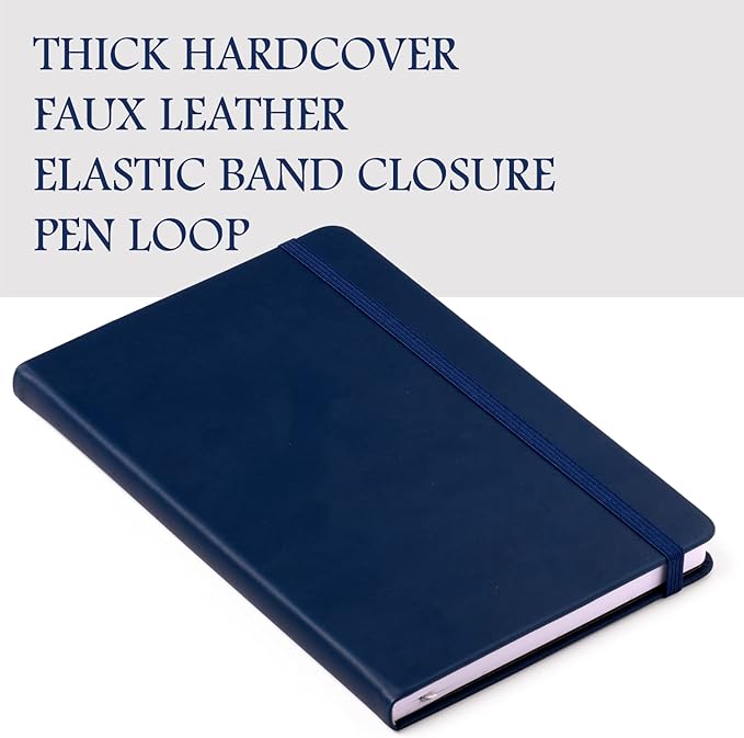 Eccolo Hardbound Writing Journal, Cool Jazz, 192 Pages of White Lined Paper with Elastic Band Closure, Lay Flat Design, Interior Gusset Pocket and Double Bookmarks (Navy Blue, 5.75-x-8.5 Inches)