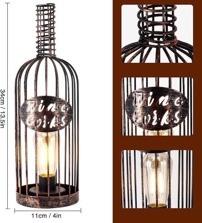 JHY DESIGN Decorative Table Lamp Battery Powered 13.5”H Cordless Metal Wine Cork Holder Lamp with 6-Hour Timer for Tabletop Home Patio Dining Room Living Room(Black Brushed Gold)