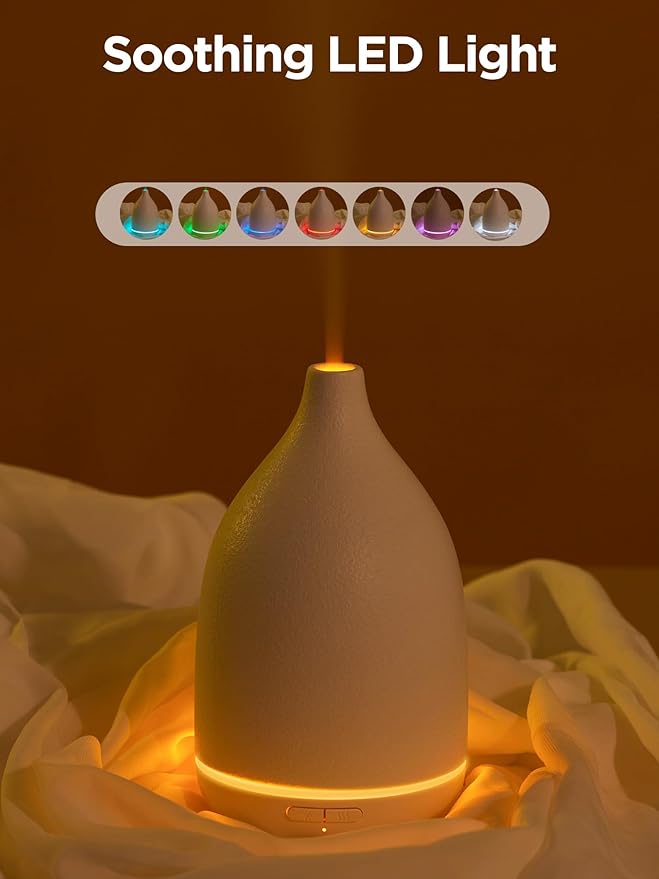 InnoGear Oil Diffuser, 150ML Ceramic Diffuser for Essential Oils Handcrafted Aromatherapy Diffuser Ultrasonic Cool Mist Humidifier with 2 Mist Modes Waterless Auto Off for Room Office, White Base