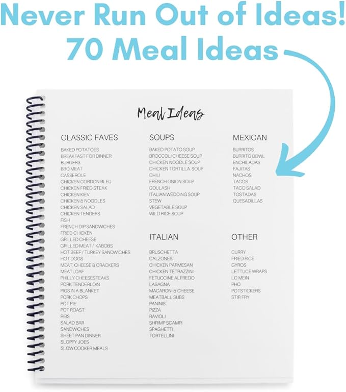 Large Spiral-Bound Weekly Meal Prep Planner Notebook – Full-Year Organizer with Laminated Covers, Tear-Off Grocery List Notepad, Undated Weekly Planner & Food Journal - Menu Calendar, & Budget Tool