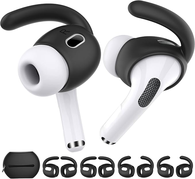 AhaStyle 4 Pairs AirPods Pro 2 Ear Hooks【Added Storage Pouch】 Anti-Slip Ear Covers Silicone Accessories Compatible with Apple AirPods Pro 2nd Generation (2 Large+2 Small, Black)