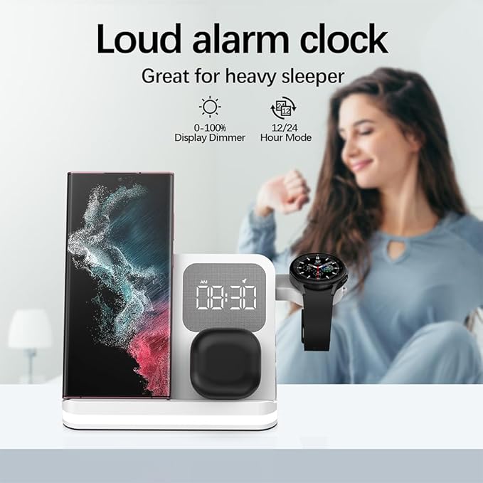 IHAO 3in1 Multi Functional Wireless Charging Station with Digital Alarm Clock 15W Fast Charge Night Light Wireless Charger for All Qi Phone and Earbud Headphone Compliant with i-Watch-B22 White