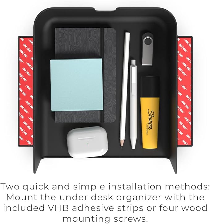 HumanCentric Under Desk Storage Shelf, Drawer Organizer for Office, Workstations, Tables, Sit Stand Desks, Gaming Setups, Mountable Storage Tray, Cable Management, Screw or Stick On with VHB Tape