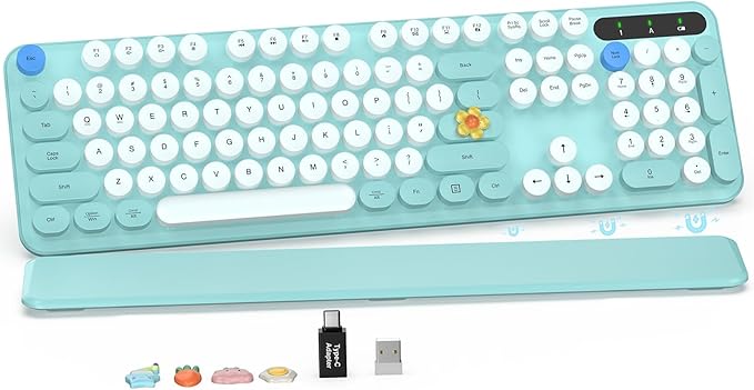 Wireless Keyboard, Round Keycaps, Retro Typewriter Keyboard with Detachable Wrist Rest, Sleep Mode, Foldable Legs, 2.4GHz Full-size Cordless Computer Keyboard for Windows/PC/Laptop (Robin Egg Blue)