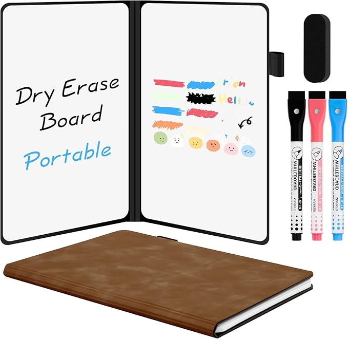 AGM Portable White Board Dry Erase Notebook, 8.4" x 6" Double Sided Folding Whiteboards with 3 Pens, Small Travel Dry Erase Board Skin-Friendly Material for Study, Meeting, Planning, Brown