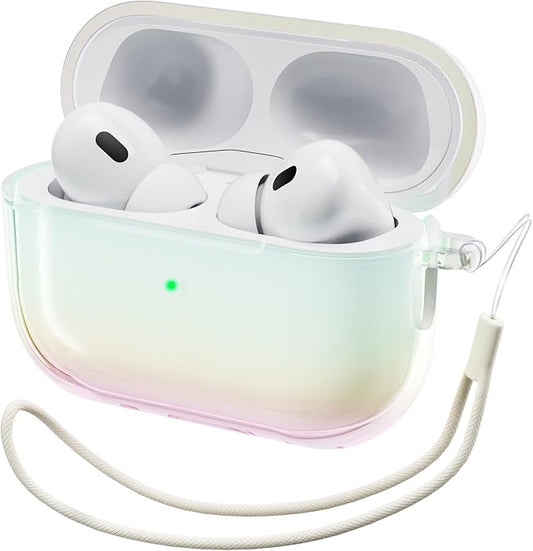 ORNARTO for AirPods Pro 2 Case 2023/2022–Stylish Gradient Clear TPU, LED Visible, Shockproof Protective Case Cover for AirPods Pro 2nd Generation with Lanyard-Iridescent Clear