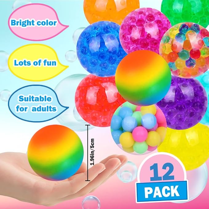 Squishy Balls for Adult Stress Relief - 12pc Set with Squeeze Fidget Balls for Party Favors & Gifts
