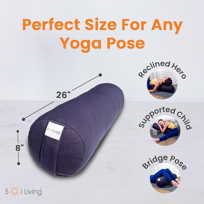 Sol Living Yoga Bolster Pillow for Restorative Meditation - 100% Cotton Cylindrical Cushion with Washable Cover for Balance Support in Asana Poses