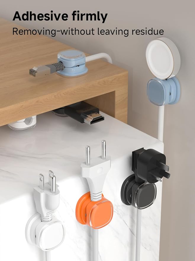 Magnetic Cable Clips, Adjustable Cord Holder Management, Adhesive Wire Keeper Organizer for Home Office Desk Phone PC Car Wall Desktop Nightstand Appliance (9-PCS White_Black_Orange_Blue)