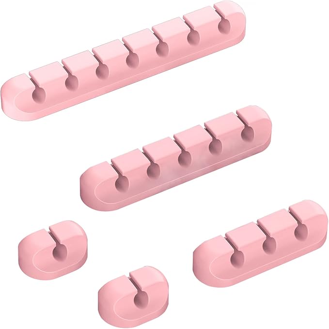 Pink Desk Cable Organizer - 5 Pack (7-5-3-1-1 Slots) Cord Clips for Cord Management, Cleans Up Messy Wires at Home, Car and Office