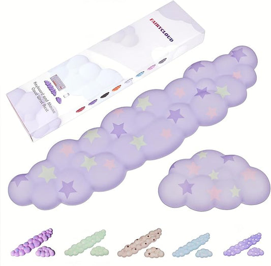 Cloud Wrist Rest Set for Keyboard and Mouse, Includes Cute Coaster, with Computers and Laptops (Light Purple Colorful Star Set)