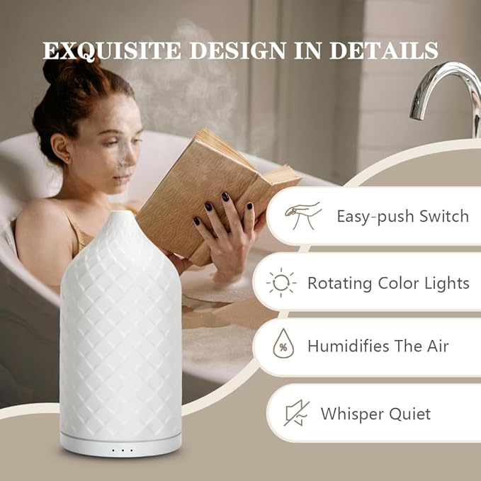 Essential Oil Diffuser for Home, Ceramic Aromatherapy Diffuser for Essential Oils, 120ml Oil Diffuser with Waterless Auto-Off and 7 LED Lights for Large Room Yoga Spa (White)