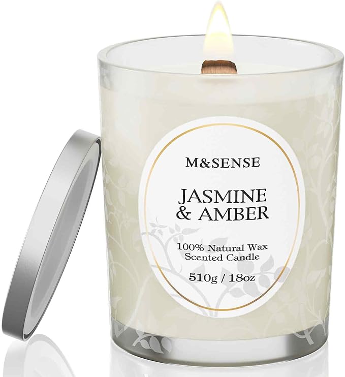 M&SENSE Jasmine Amber Scented Candle, Wooden Wick Candles with Lid, 100 Hours Slow Burning Natural Soy Wax 18oz, Stress Relief Relaxing Home Fragrance, Housewarming Gifts for Women Men