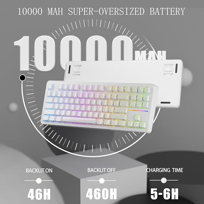 EWEADN X87 Wireless Mechanical Keyboard ASMR, 10000 mAh Battery, 75% Keyboard with Huano Arctic Switch BT5.0/2.4GHz/USB-C Topographic Keycaps Hot Swappable Custom Keyboards, Gasket Structure-White