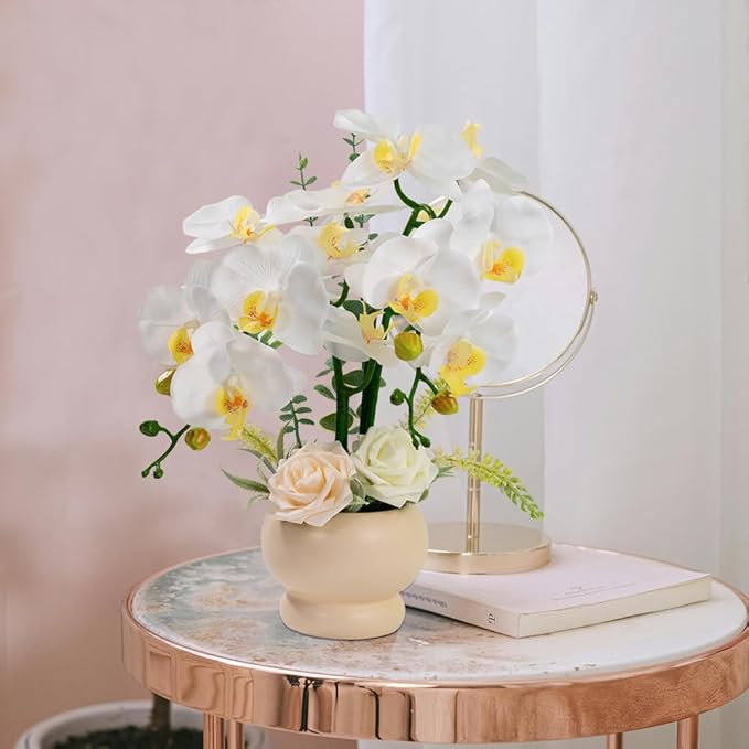 LESING Artificial Orchid Flower with Vase, White Orchid Bonsai Faux Orchid Phalaenopsis Plant Pot Arrangements for Home Decoration (White,Beige Vase)