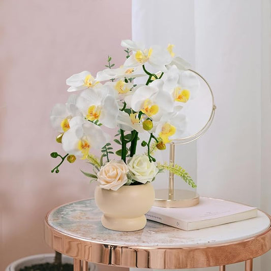 LESING Artificial Orchid Flower with Vase, White Orchid Bonsai Faux Orchid Phalaenopsis Plant Pot Arrangements for Home Decoration (White,Beige Vase)