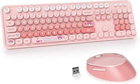 GTSP Pink Keyboard and Mouse, Cute Silent Typewriter Wireless Full-Size Office Keyboard with Round Keycaps for Desktop Laptop and PC (Gradient Pink)