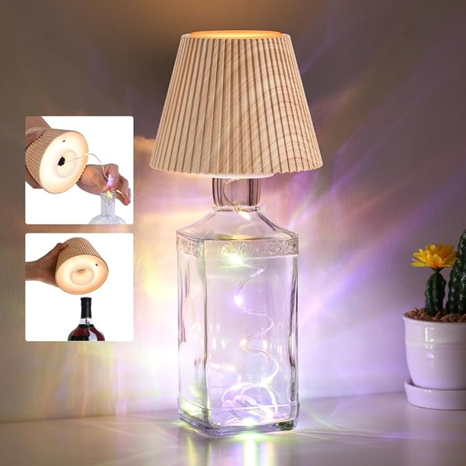 WILIT Wireless Lamp Shades for Table Lamps, 3-Level Brightness Wine Bottles Lamp, Cute Desk Lamps for Bar Decor with RGB Lights for Room, Rechargeable Light, Modern Decorative Lamp, Gifts for Women