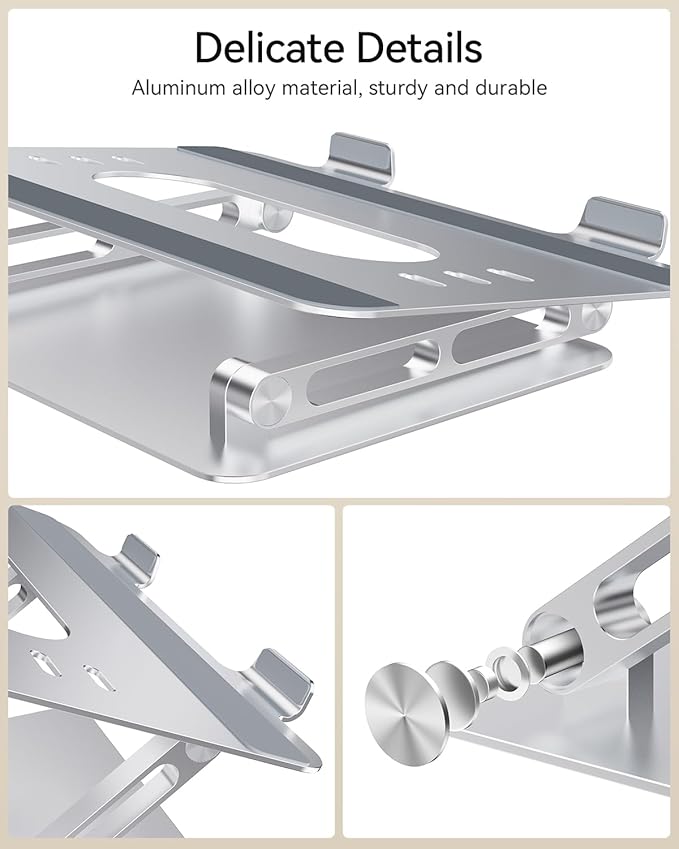 Foldable Aluminum Laptop Stand for 10-17.3" Laptops, Height Adjustable Portable Ergonomic Computer Holder, Space Saving Desk with Heat Dissipation. Compatible with MacBook/Dell/HP etc, Silver