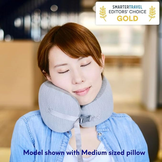 C CUSHION LAB Travel Pillow, Award-Winning Patented Ergonomic Design for Chin & Neck Support Memory Foam Neck Pillow, Compact Airplane Pillow for Traveling, Flight, Car (Gray, Medium)