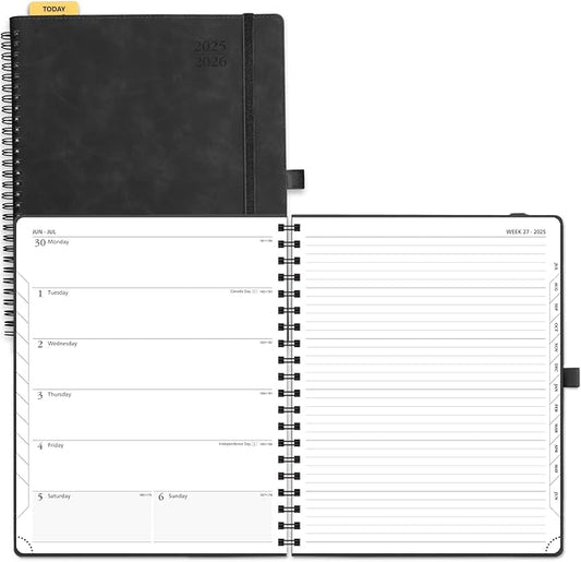 POPRUN Planner 2025-2026 Weekly Planner Notebook (Large 8.5''x 10.5'') Academic Calendar (JUL.25 - JUN.26) Appointment Book with Monthly Tabs, Spiral Soft Cover, Inner Pocket, 100 GSM - Black