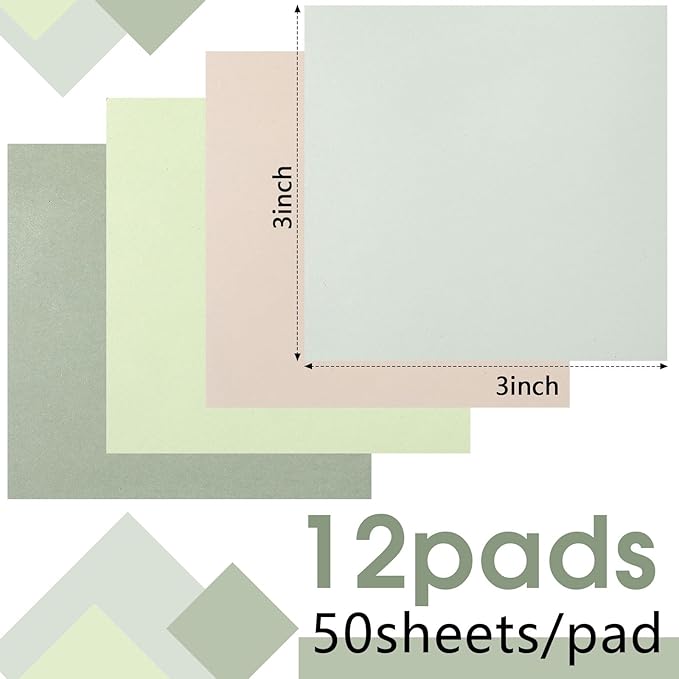 Thenshop 12 Pads Sage Green Sticky Notes 3''x3'', Self Stick Notes Pads Sage Green Office Supplies, Vintage Aesthetic School Accessories 50 Sheets/pad