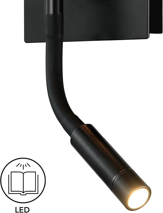 Globe Electric 1-Light Plug-in or Hardwired Wall Sconce with Reading Light, USB-A Port, USB-C Port, LED Integrated Reading Light, Matte Black, White Fabric Shade, On-Off Pull Chain and Rocker Switch