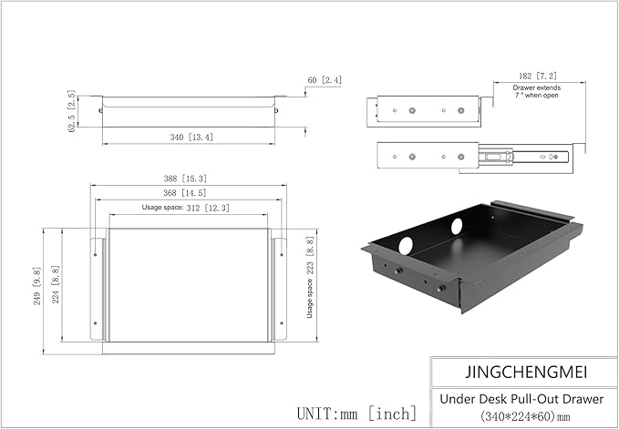 Under Desk Mounted Sliding Pull-out Drawer, W 15.3" x D 8.8" Storage Organizer for Sit Stand Workstation, Metal, Black (Medium)