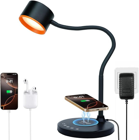 KAiSnova Desk Lamp for Office Home, Gooseneck Desk Lamp with Wireless Charger, Touch Table Lamp with USB C+A Charging Ports, 5 Colors Dimmable Bedside Reading Lamp for College Dorm Room Black