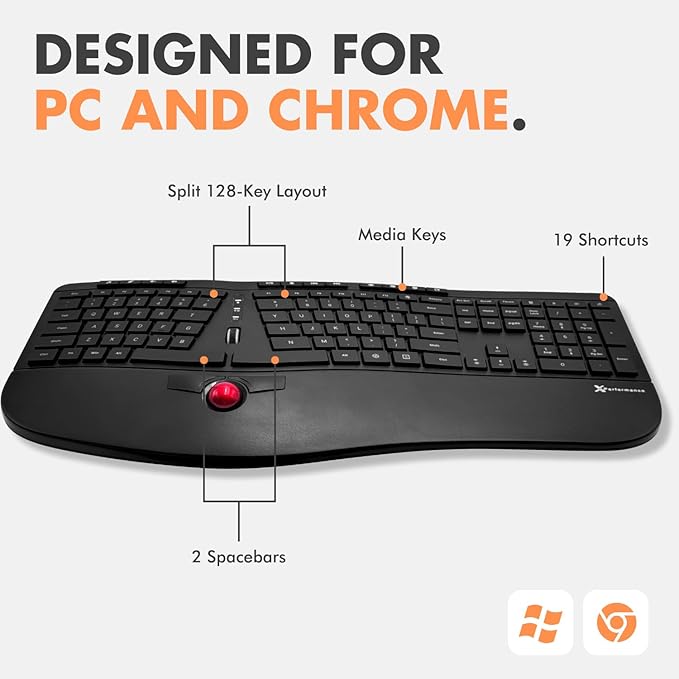 X9 Performance Ergonomic Wireless Keyboard with Trackball - Rechargeable, Backlit, Built in Mouse Buttons - 2.4G Split Keyboard Wireless for Windows PC and Chrome - All in One Typing Solution