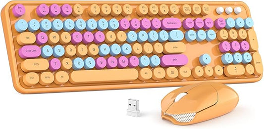 Wireless Keyboard and Mouse Combo, MOWUX Colorful Computer Full Size 2.4G Plug and Play Wireless Typewriter Keyboard and Mouse Set for Windows, Computer, Desktop, PC, Notebook (Orange Colorful)