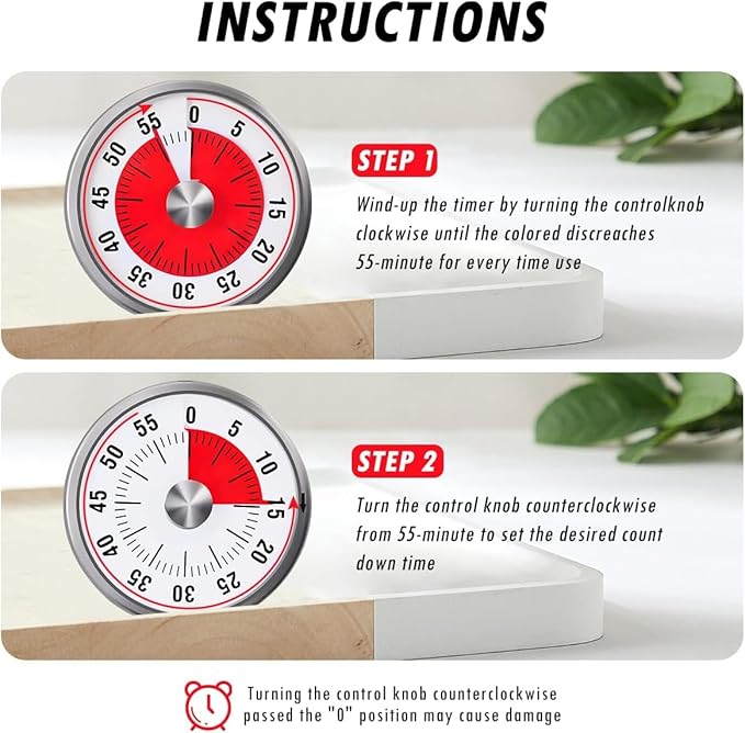 Visual Kitchen Timer for Cooking and Kids with Loud Alarm, Classroom Timers for Desk, No Batteries Required, Mechanical Desk Timer, Magnetic Egg Timer for Study, Chef Clock, Stainless Steel, Countdown