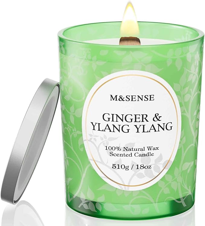 M&SENSE Wooden Wick Scented Candles, Ginger YlangYlang Candles, 100 Hours Slow Burning No Toxin Natural Soy Wax 18oz, Stress Relief Relax Romance Home Fragranfce, Gifts for Her Him