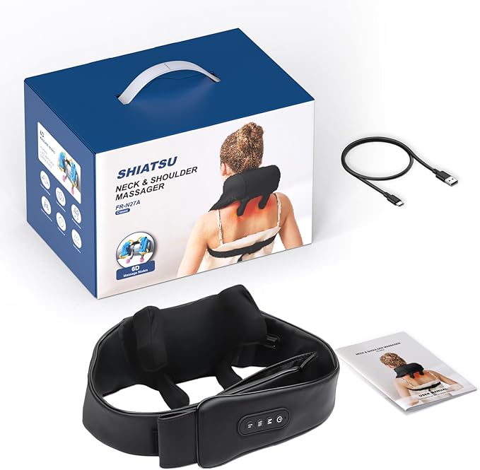 Electric Neck Massager with Heat – Cordless Shiatsu Massager for Neck & Shoulders, Deep Tissue Relief for Trapezius, Rechargeable Brushless Motor, Shiatsu Neck Massager for Pain Relief