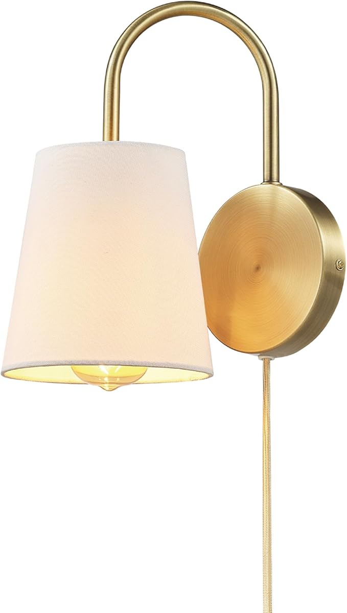 GLOBE Electric x Novogratz 65000053 1-Light Hardwire or Plug-in Wall Sconce, Matte Brass, White Textured Shade, Arched Arm, Lighting, Home Decor, Lights for Bedroom Plug in