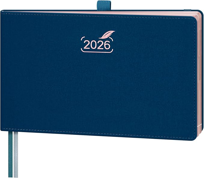 BEZEND 2026 Planner Weekly and Monthly (9" x 5.5") Horizontal Calendar Book with Vertical Hourly Timeslots & Note (Jan-Dec) Pen Holder, Inner Pocket, Casebound Vegan Leather Hardcover - Prussian Blue