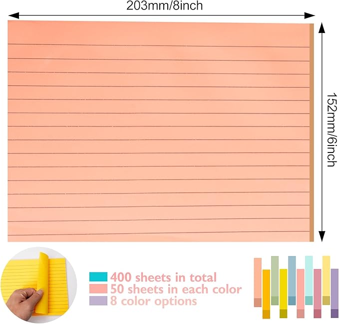 Lined Lined Self Stick 6 x 8 in Post,8 Pack Large Ruled Post Stickies,Ruled Stickies Super Sticking Power Memo Pads Strong Adhesive,Sticky Notes with Lines for Home,Office,School,50 Sheets/pad