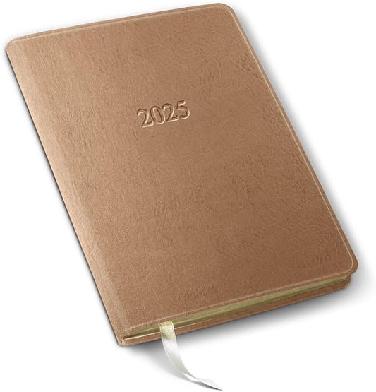 Gallery Leather Desk Weekly Monthly Planner 2025, Elegantly Bound Calendar Planner and Notebook with Stylish Gold-Gilded Page Edges, 12 Months - Freeport Metallic Rose Gold - 8 x 5.5 "
