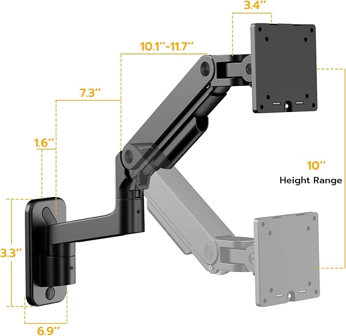 ARES WING Wall Mount Monitor Arm for 17-49 Inch Ultrawide Screens, Heavy Duty Single Monitor Mount Holds 44 lbs, Fully Adjustable Gas Spring Wall Mount, 75x75/100x100 VESA Mount, Black