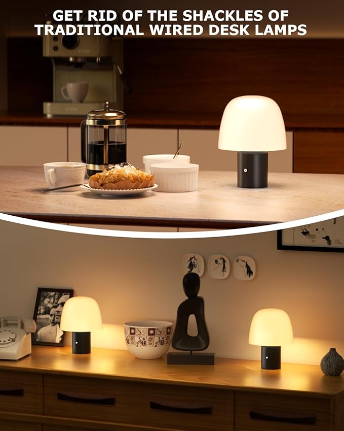 Portable LED Table Lamp, Cordless Desk Lamp Rechargeable, 3-Color Touch Stepless Dimming Night Light for Bedroom/Children's Room/Terrace/Dining Room/Cafe (Black)