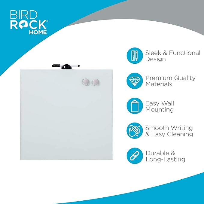 BIRDROCK HOME Magnetic Glass Dry Erase Board – Frameless Whiteboard for Office, Home, Classroom – Writing and Drawing Board with Magnets, Markers and Holders – Modern Acrylic Mount – White - 2 Pack